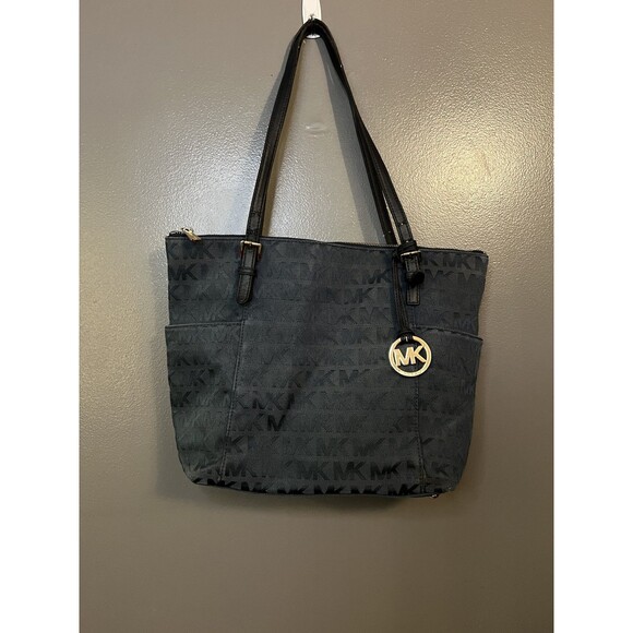 Michael Kors Tote Bag Womens Large Blue MK Monogram Shoulder Purse Handbag Zip - Picture 1 of 13